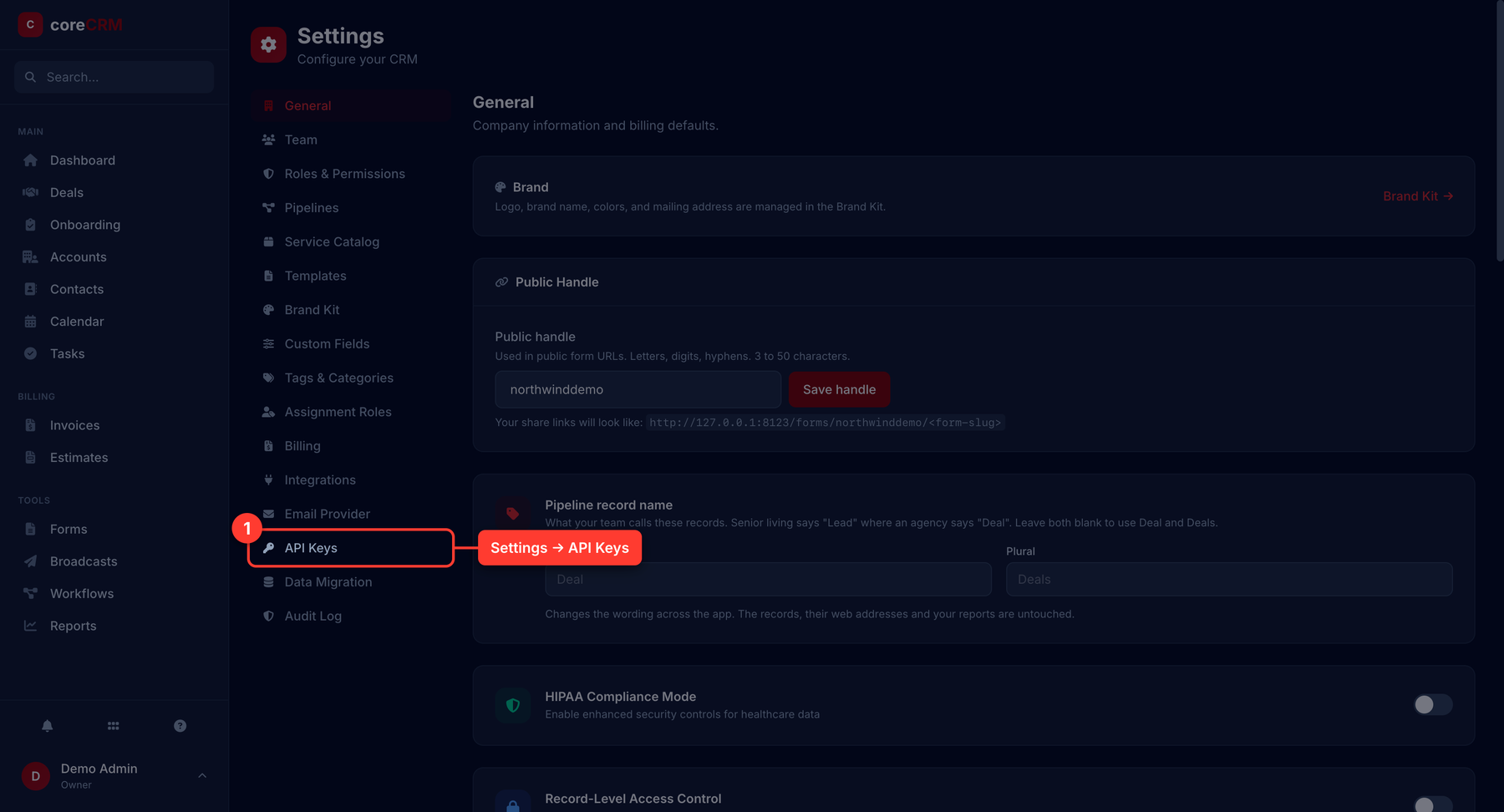 The coreCRM Settings screen with the API Keys item in the settings sidebar highlighted.