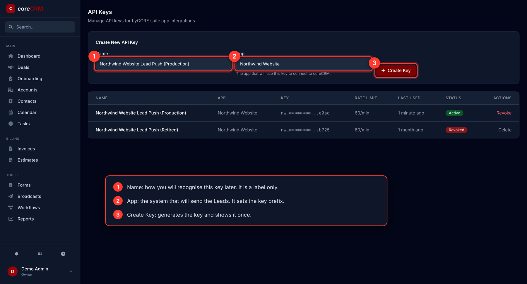 The Create New API Key form with the Name field, App field, and Create Key button highlighted and numbered.