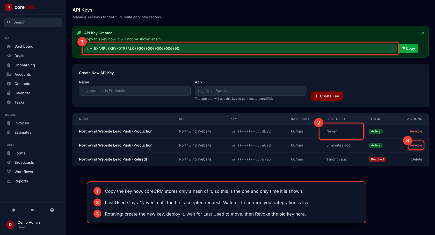 The API key created banner showing a key ready to copy, with the Last Used column and the Revoke action highlighted and numbered.